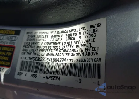 2004 Honda Civic Lx from USA, damaged, VIN 1HGEM22564L004994